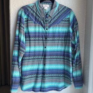 Ariat Womens L Turquoise Aztec Button Long Sleeve Western Cotton Shirt Stripe